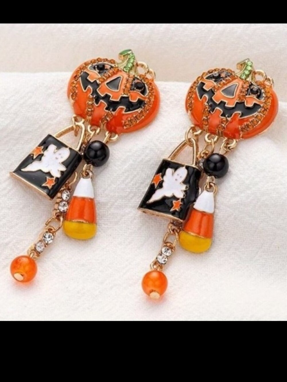 Halloween Pumpkin Dangle Earrings - Orange Candy Corn & Ghost Charms